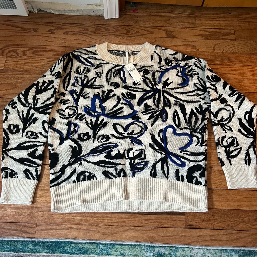 Anthropologie Black and Blue Floral Print Sweater